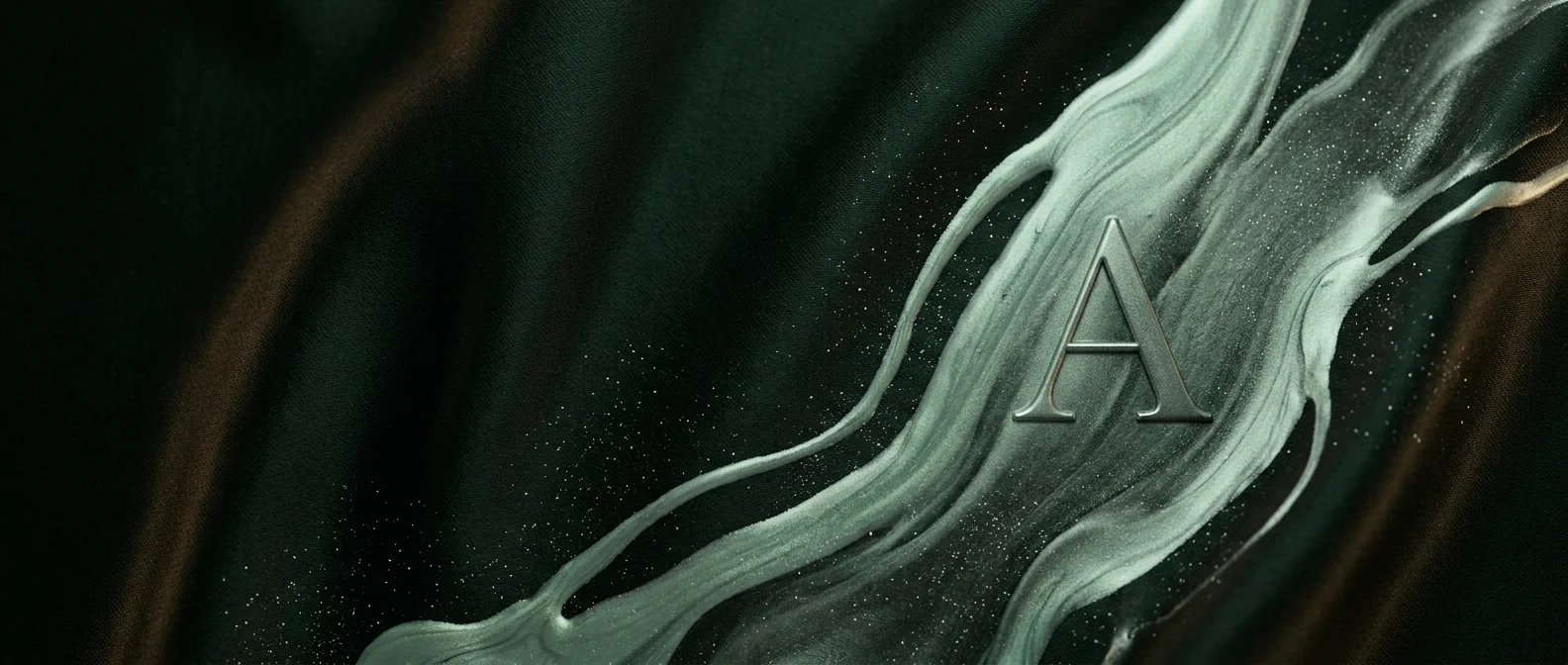 An abstract rendering shows a metallic 'A' amidst swirling dark and light fluids, representing creative web design.
